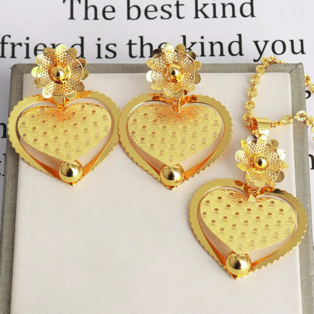 France Gold Color Women Necklace and Earrings Trend America Heart Hollow Out Jewelry Set Gift For Party Wedding Daily Accessorie