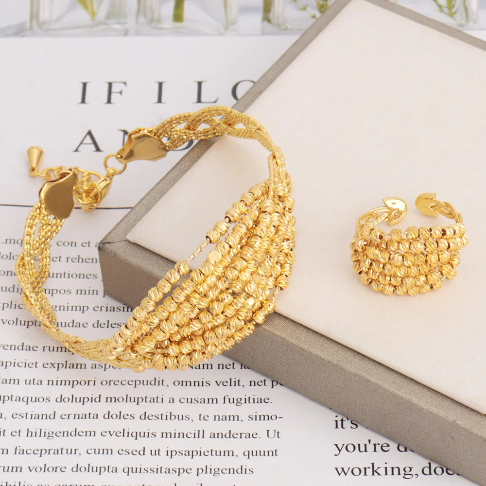 Luxury Copper Bracelet Ring Sets for Women Arab Spiral Design Gold Plated Jewelry Set For Easter Gifts Wedding Ethiopian Party
