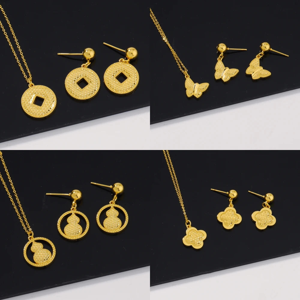 Pretty Girl Gold Color Trendy Four Jewelry Set Delicacy Earrings Clavicle Chain Set Shine Pendant Apply to Party Wedding Gift
