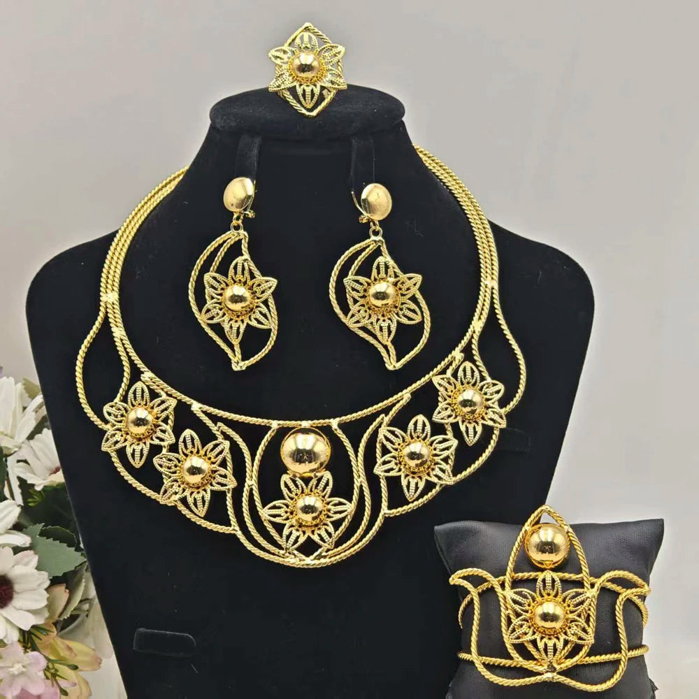 Dubai Jewelry Set For Women Gold Color Hollowed Out Earrings Flower Necklace Bangle Ring Nigeria Elegant Bride Party Easter Gift