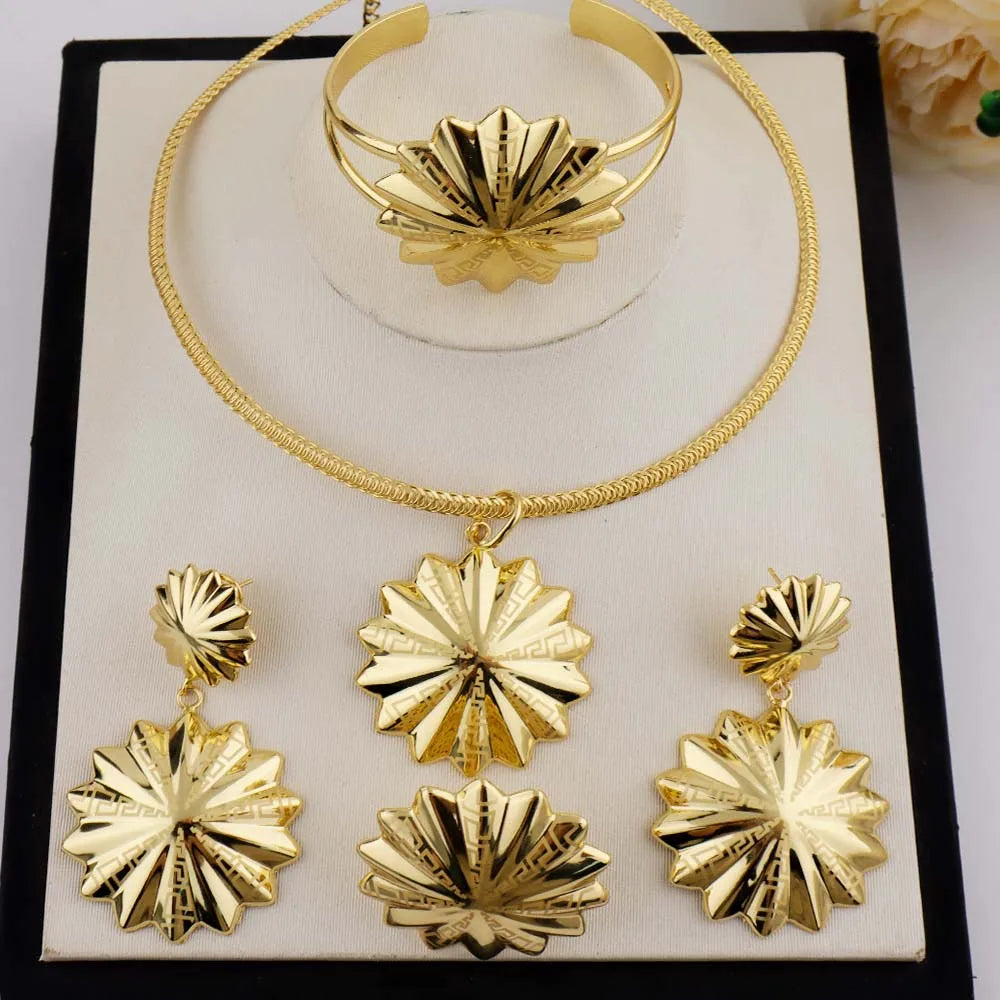New Trendy Luxury Earrings Necklace Ring Bangle For Women Sun Shape Jewelry Sets For Wedding Party Dubai Bridal Banquet Gift