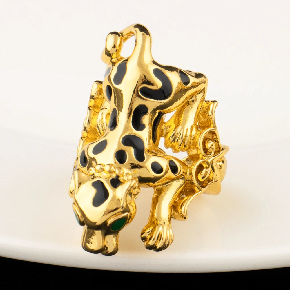 Luxury Gold Plated Domineering Exaggerated Leopard Shape Necklace Bracelet Ring Set for Women Dubai Jewelry Gift for Party