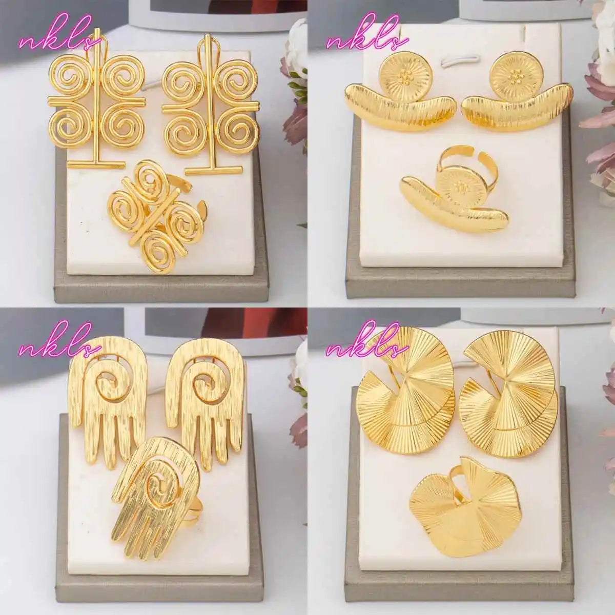 Nigeria Women Earrings and Ring 2Pcs Jewelry 4Set for Ethiopia Party Weddings Finger Ring for Daily Wear Easter Dress up