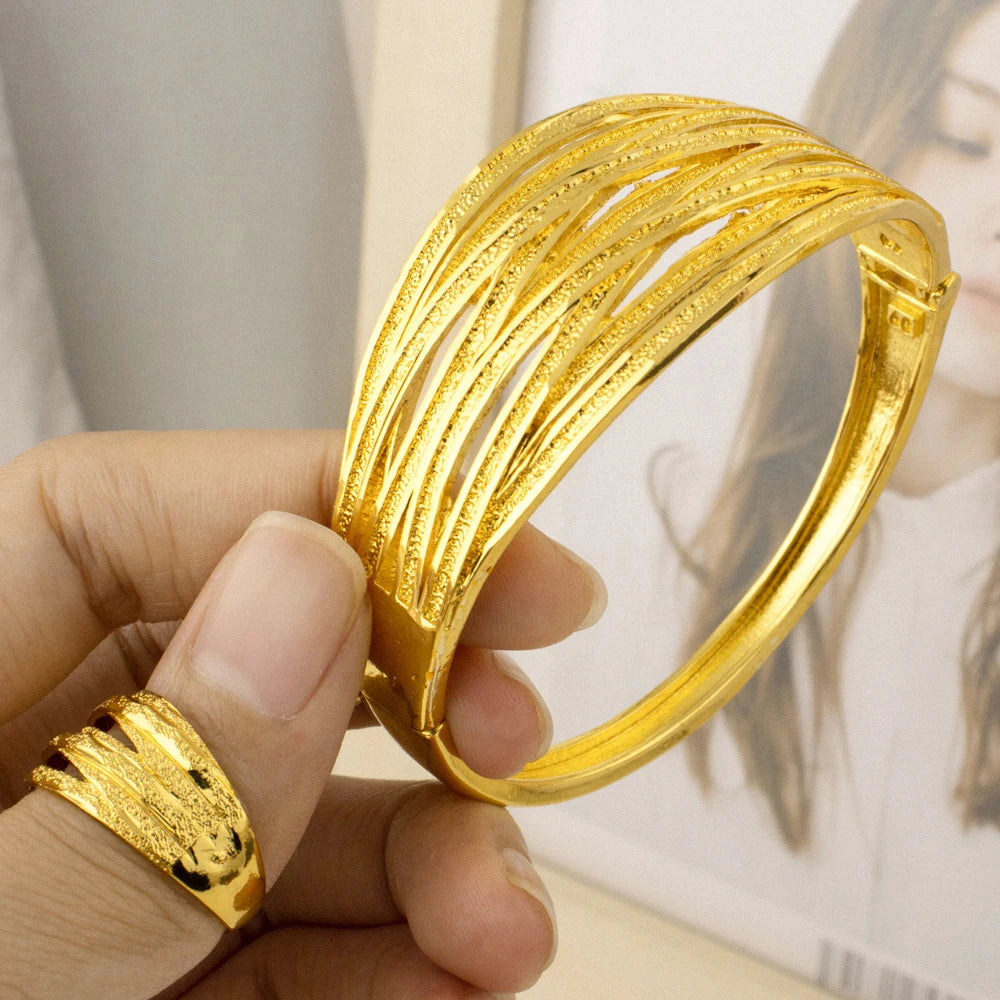 YM Copper Women Bangle Rings Gold Plated Dubai America Geometric Aesthetic Jewelry Set For Fashion Party Jewelry Gifts Wholesale