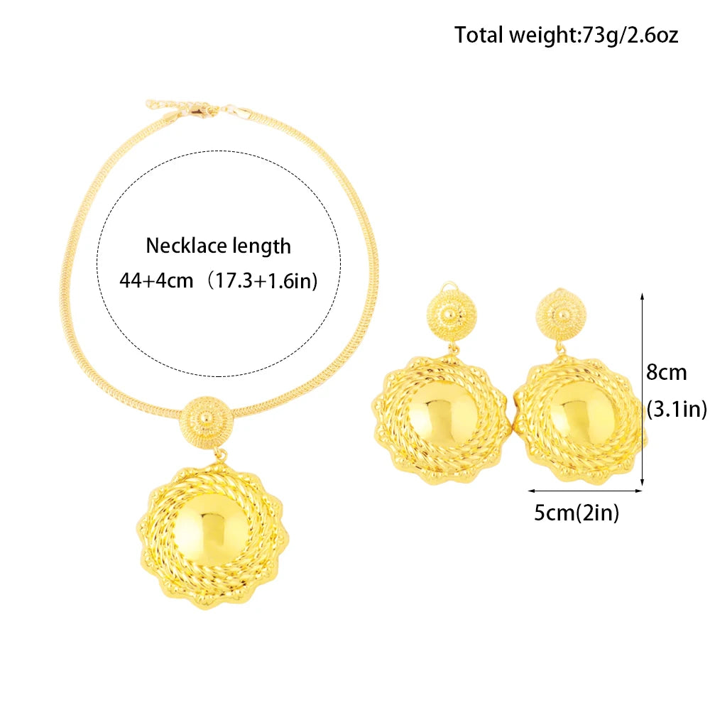 Romantic Gold Color Jewelry Set for Dubai Women Luxury Earrings and Necklace Sun Shape Jewelry Accessories For Graduation Gift