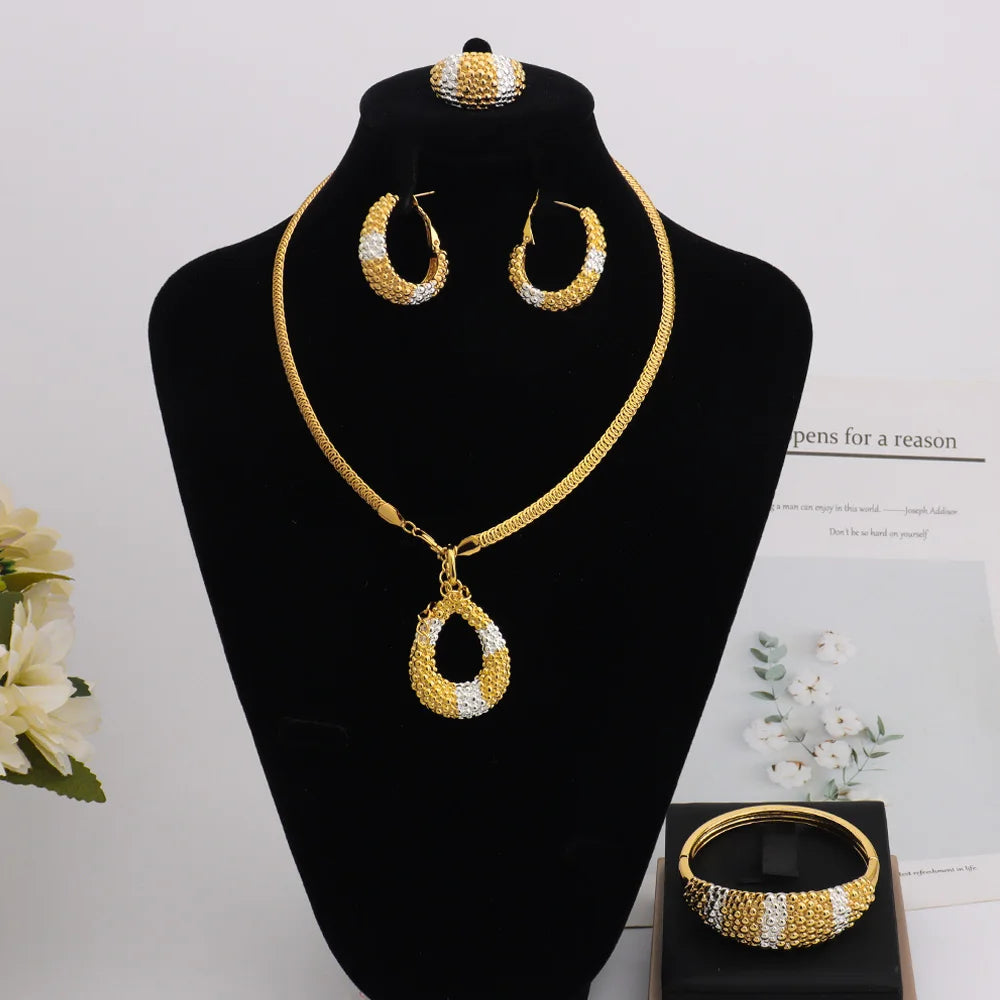 Africa Fashion Gold Plated Bangle Ring Earrings Necklace for Women Arab Multiple Beads Design Wedding Party Easter Jewelry Gift