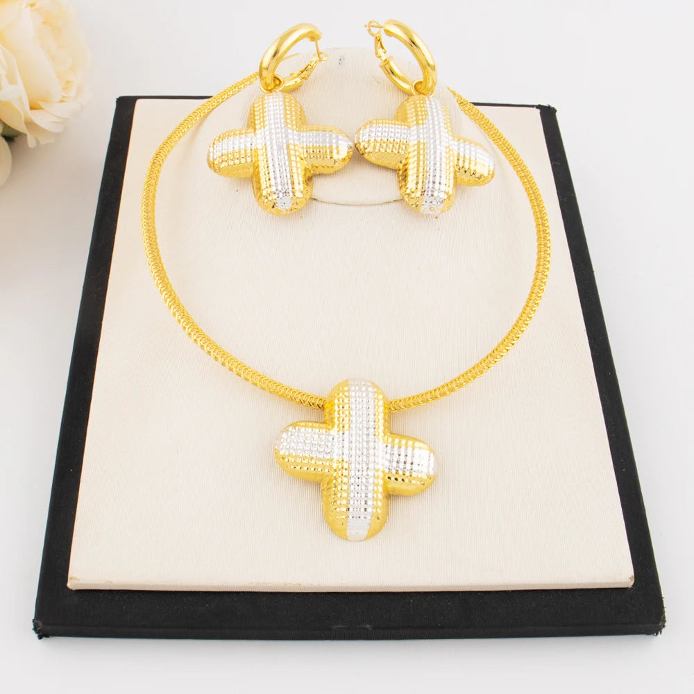 Luxury and Chunky Dual Color + Shape Jewelry Set for Women Nigeria High Quality Earrings Choker Necklace Gift for Party Daily