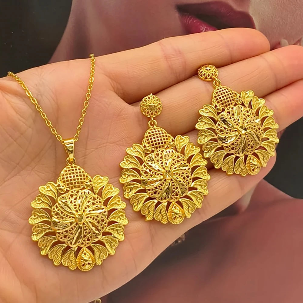 African Gold Color Jewelry Set for Party Elegant Hollow Out Design Drop Earrings and Necklace 2Pcs Set for Engagement Party Gift