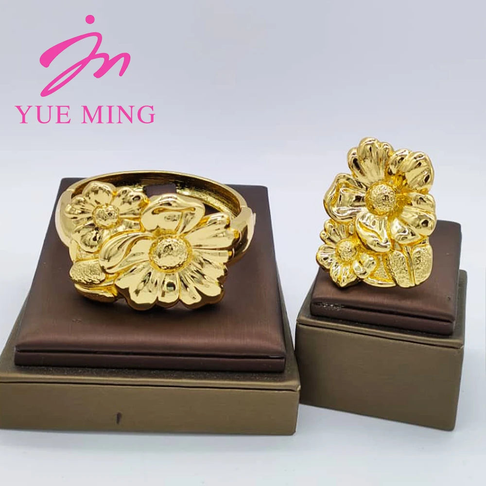18K Gold Color Cuff Flower Bangle Ring For Women Moroccan France Dubai Luxury Copper Bracelet Jewelry Nigerian Party Wedding Gif
