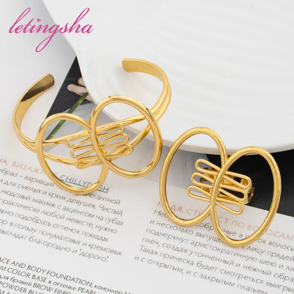 Fashion Jewelry New Design Cuff Bangle Bracelet Ring Dubai African Luxury Gold Color Jewelry Set for Ladies Wedding Party Gifts