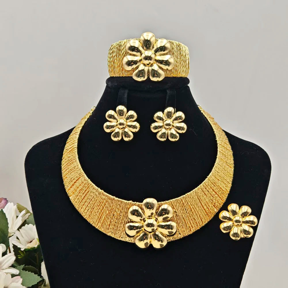 2025 Luxury Gold Color Women Jewelry Set Fashion Noble Flower Design Necklace Bangle Ring Earrings  Gift For Party Easter