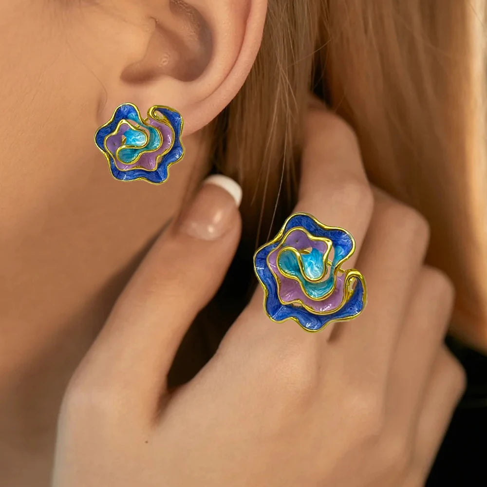 Vintage Enamel Flower oil painting Earrings and Ring Jewelry Set for Women New Design Fashion Jewellery Gift