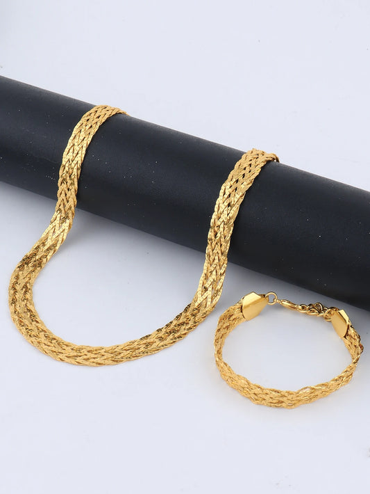 YM 10mm woven hollow chain set: 40cm necklace & bracelet, gold-tone plated, punk-luxury vibe for Dubai Africa women gift