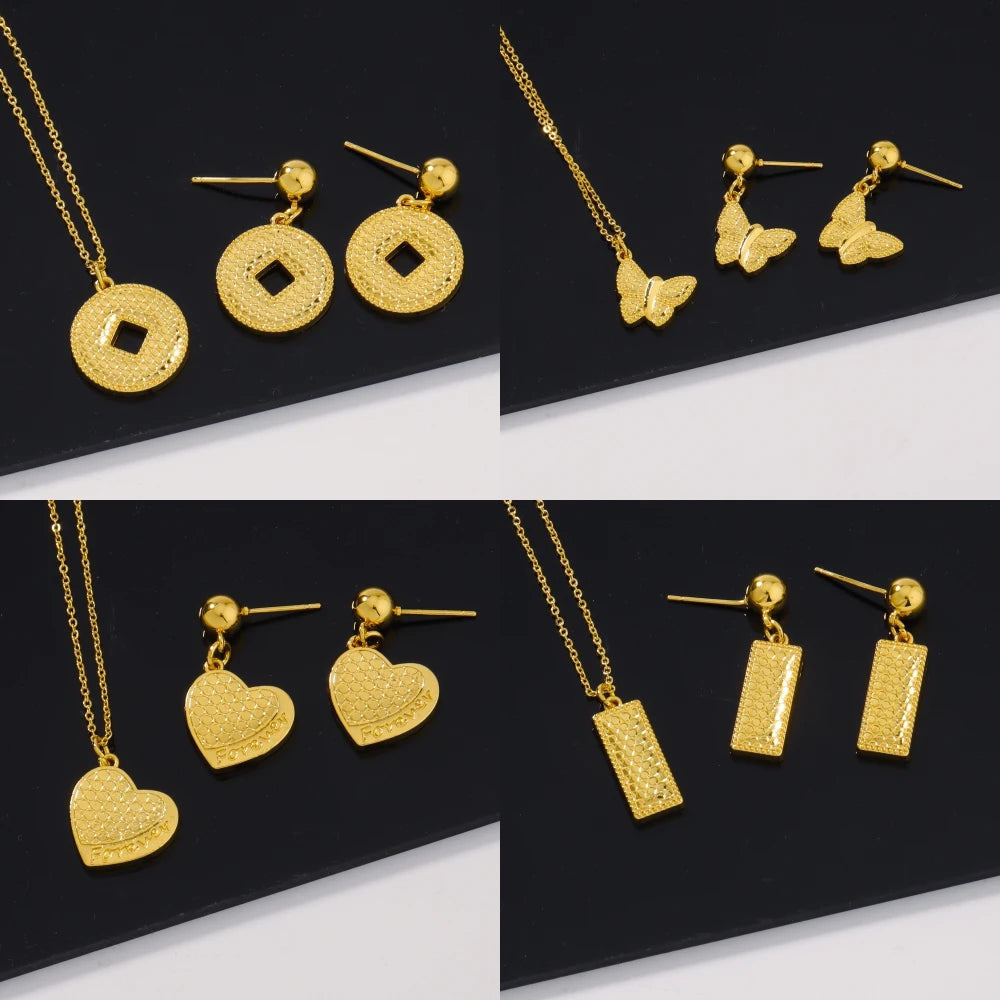 Pretty Girl Gold Color Trendy Four Jewelry Set Delicacy Earrings Clavicle Chain Set Shine Pendant Apply to Party Wedding Gift