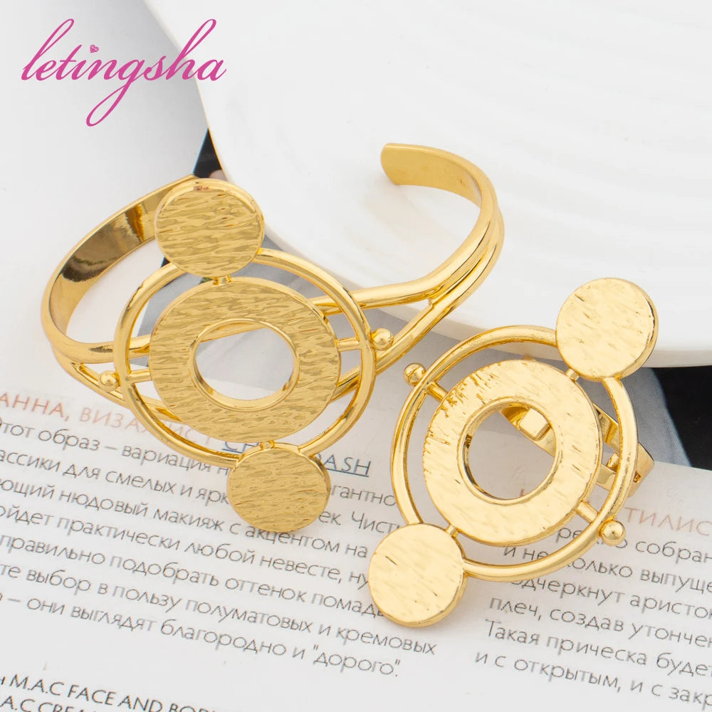 Fashion Jewelry New Design Cuff Bangle Bracelet Ring Dubai African Luxury Gold Color Jewelry Set for Ladies Wedding Party Gifts