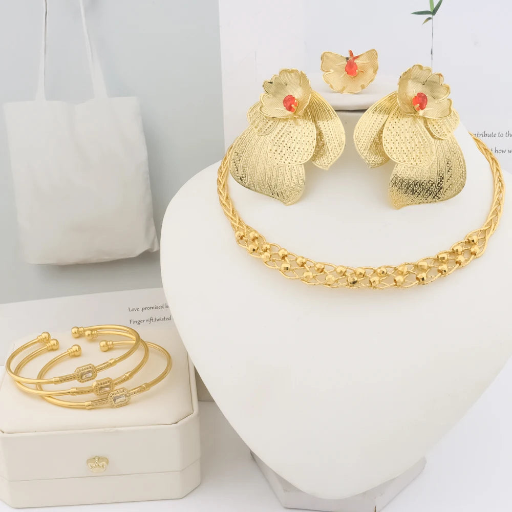 2025 Flower Jewelry Sets for African Women—Earrings, Necklace, Ring & Bangle Gift for Party Valentine’s, Chic Jewelry