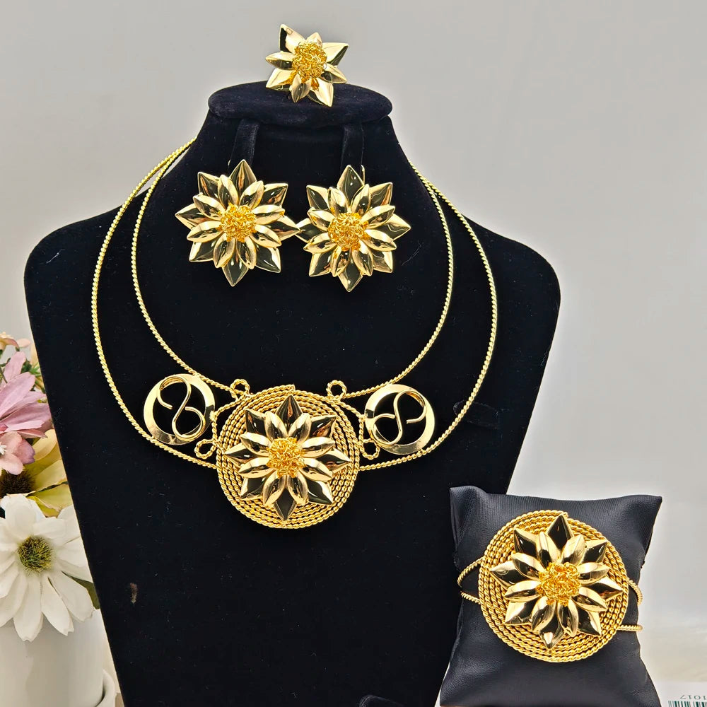 Brazilian Luxury Gold Plated Jewelry Sets Nigeria Rotundity Flower Earrings Ethiopia Bangles Ring and Necklace Party Easter Gift