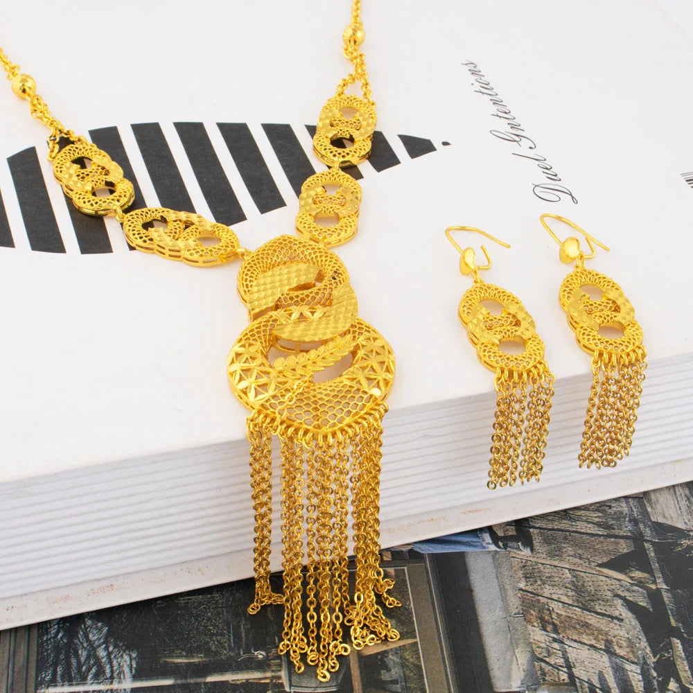 Dubai Luxury Gold Color Tassels Necklace Earrings Sets For Women Mid East India 8-Shaped  Jewelry Gifts For Party Mother