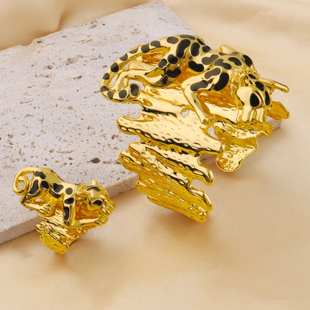 Personalized Creative Irregular Texture Leopard Ring Bracelet Set For Women Girls Fashion Jewelry Holiday Party Gift Wholesale