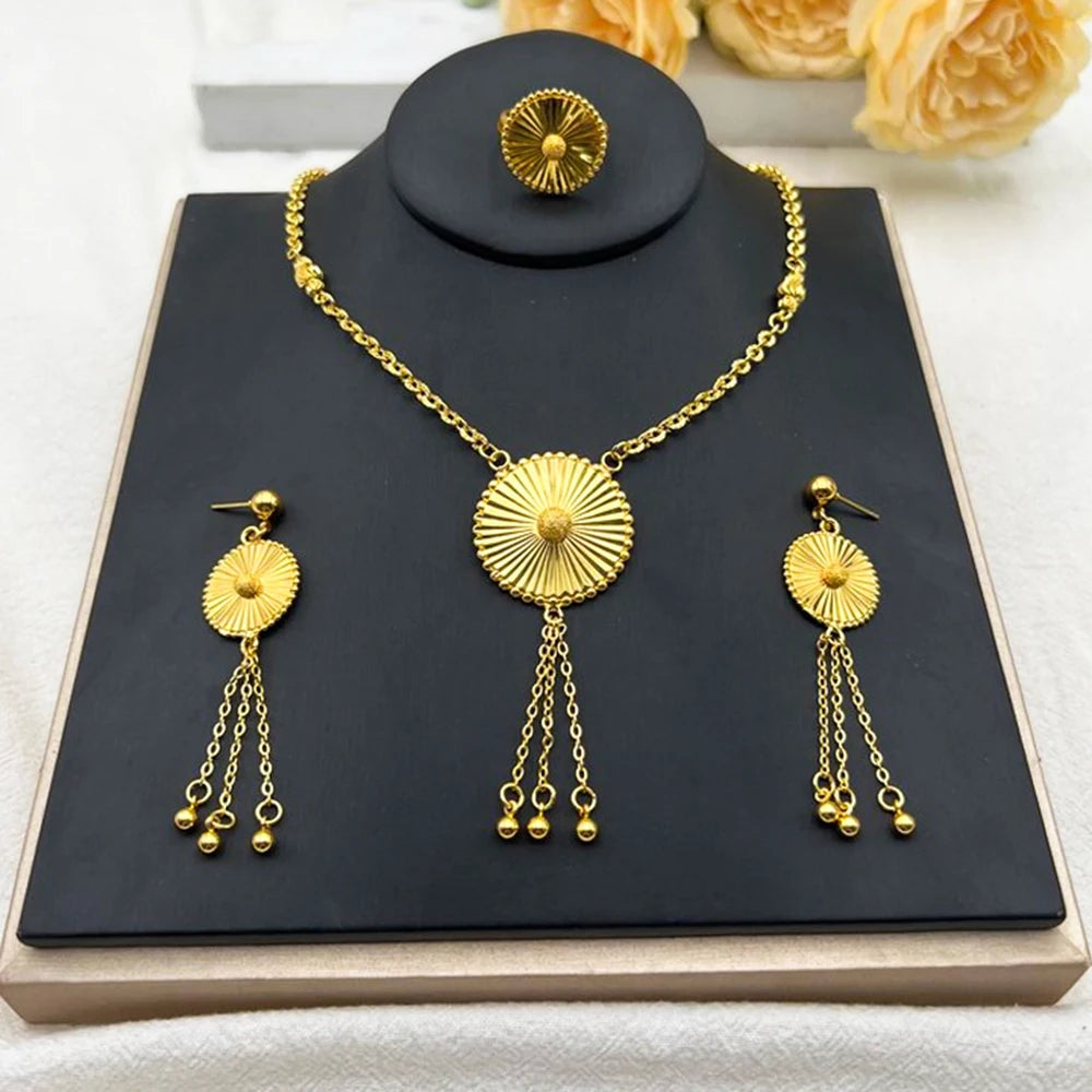 Fashion Gold Color Rotundity Earrings Set 24k Gold Plated Arabic Tassel Necklace Ring Women Wedding Party Ramadan Jewelry Set