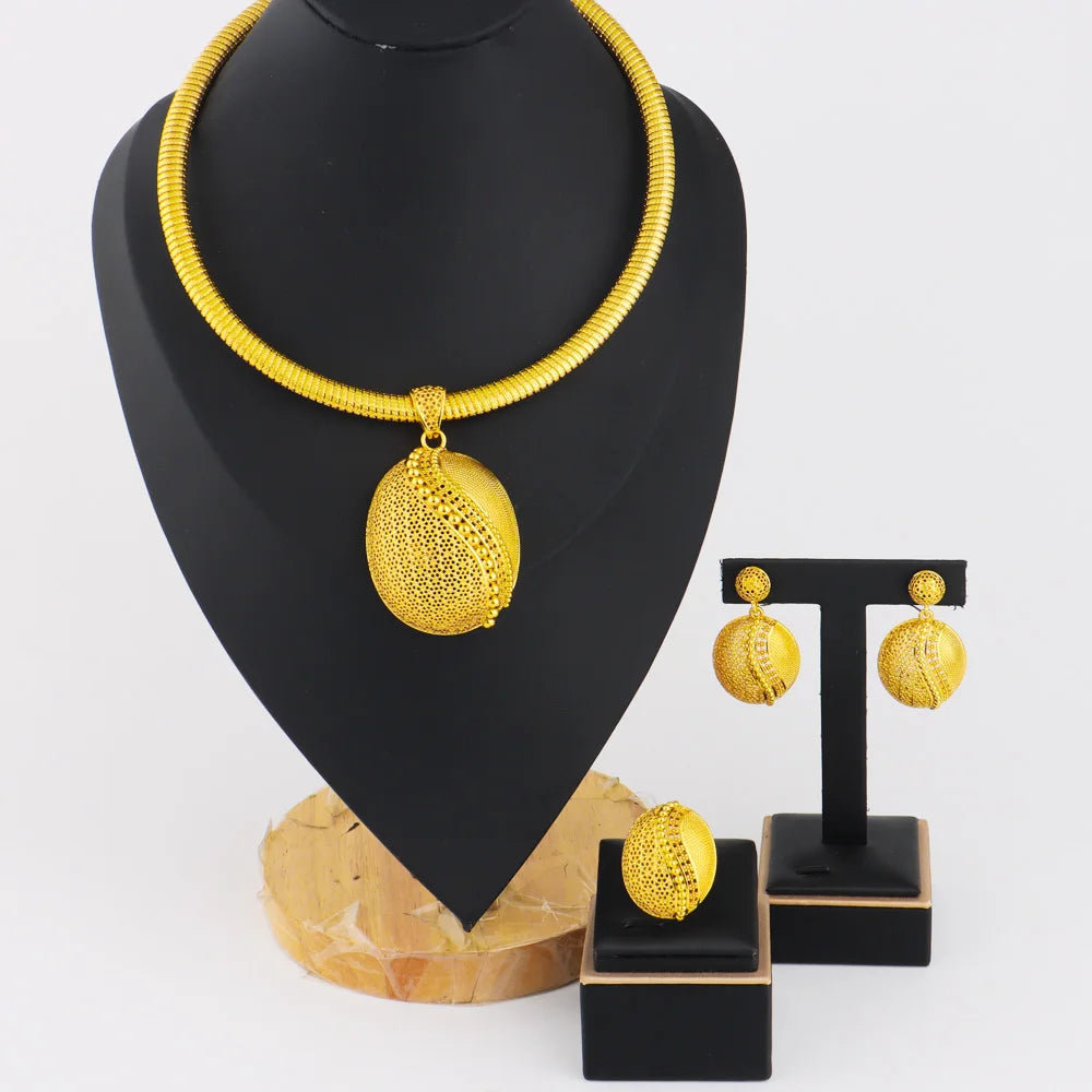 Luxury Shining Gold Color Necklace Earrings Ring Set for Women Round Water Drop Shape Jewelry Gift Party Wedding Banquet