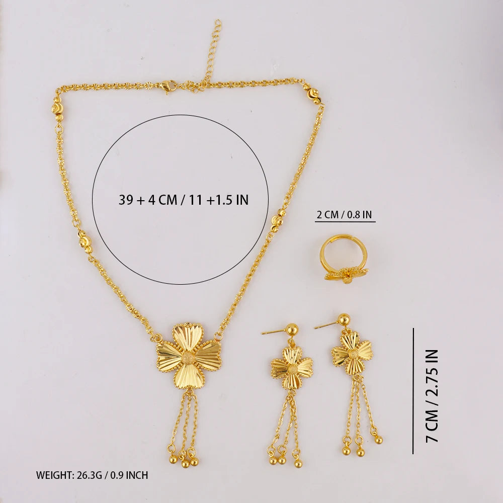 Elegant Gold-Tone Flower Jewelry Set for Women, Delicate Necklace Earrings Ring Gift for Party Wedding Daily Wear