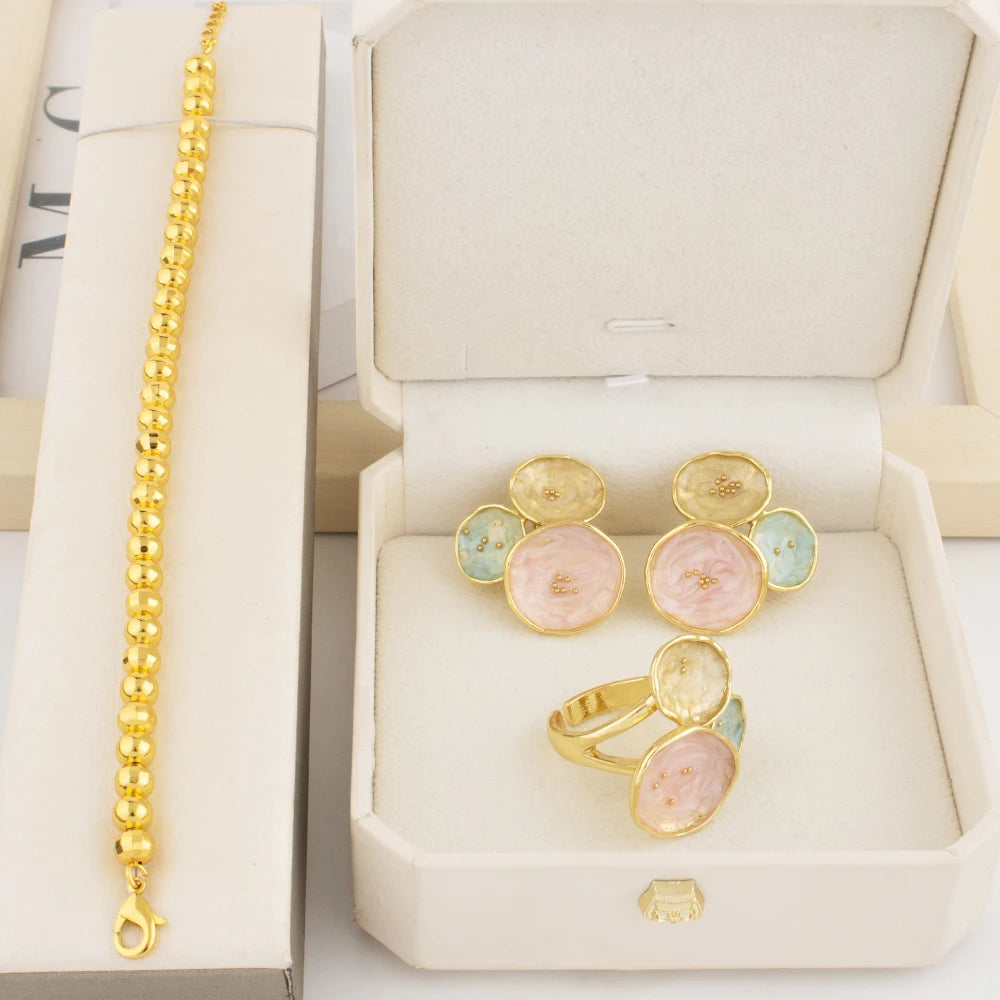 Dopamine Color Jewelry Set For WomenTrendy Earrings Ring Gold Color Bangle Set Advanced Jewelry For Party Wedding Anniversary