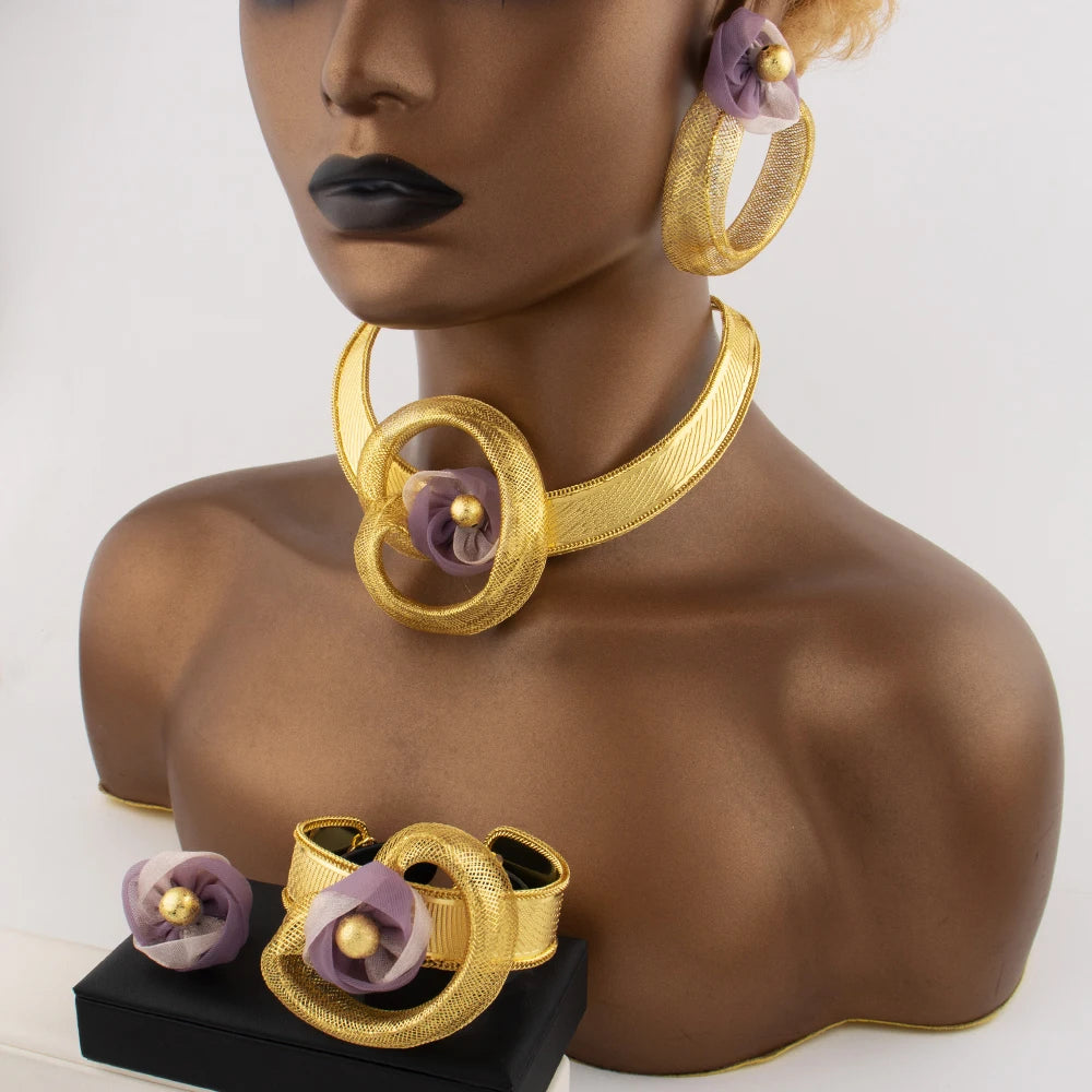 Luxury Noble Gold Plated Big Necklace Earrings Bracelet Ring for Women Purple Flower Shaped Jewelry Gift for Party Wedding