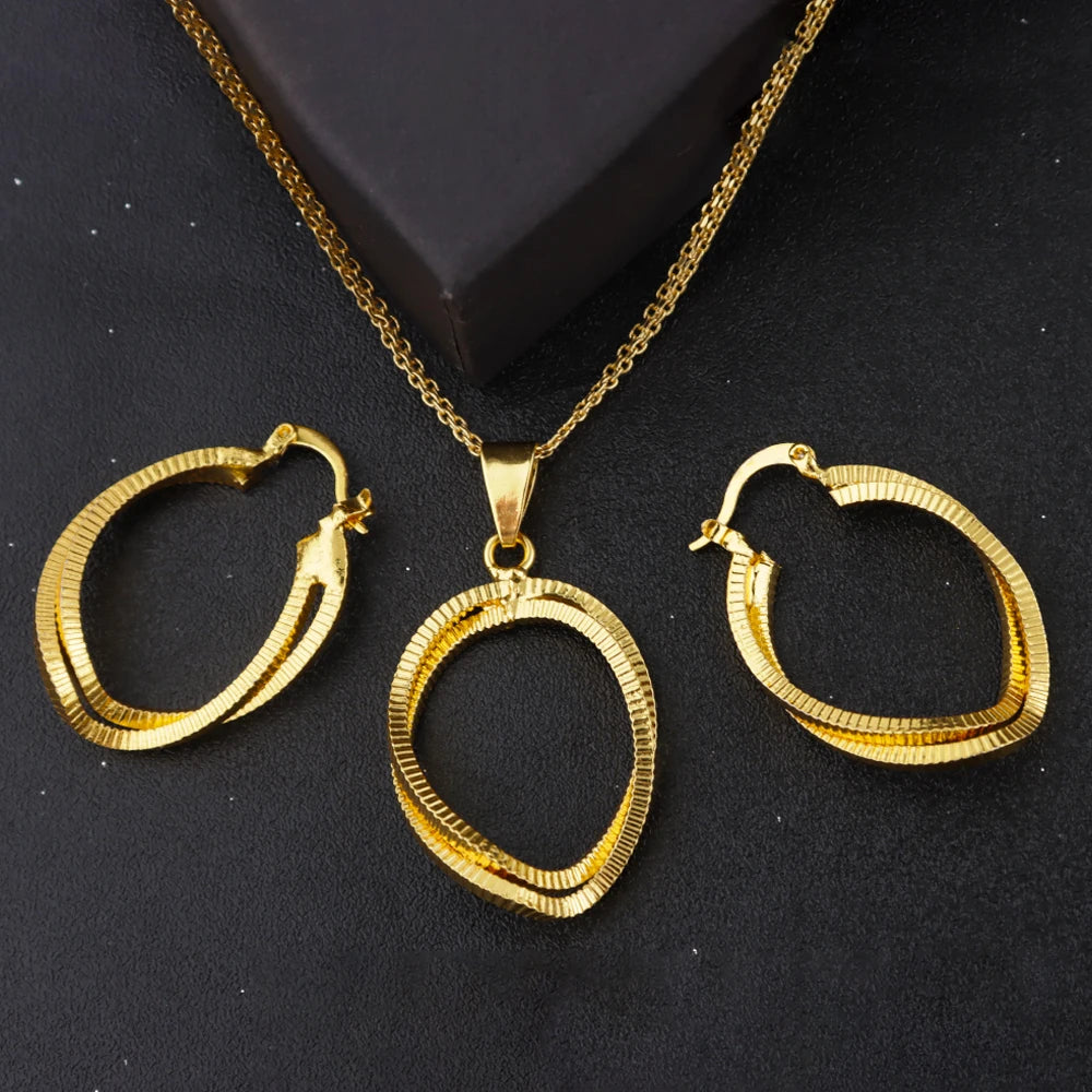 24K Gold-plated Two Piece Copper Jewelry Set Waterproof Earrings Warped Geometry Necklace Apply to America India Party Wedding