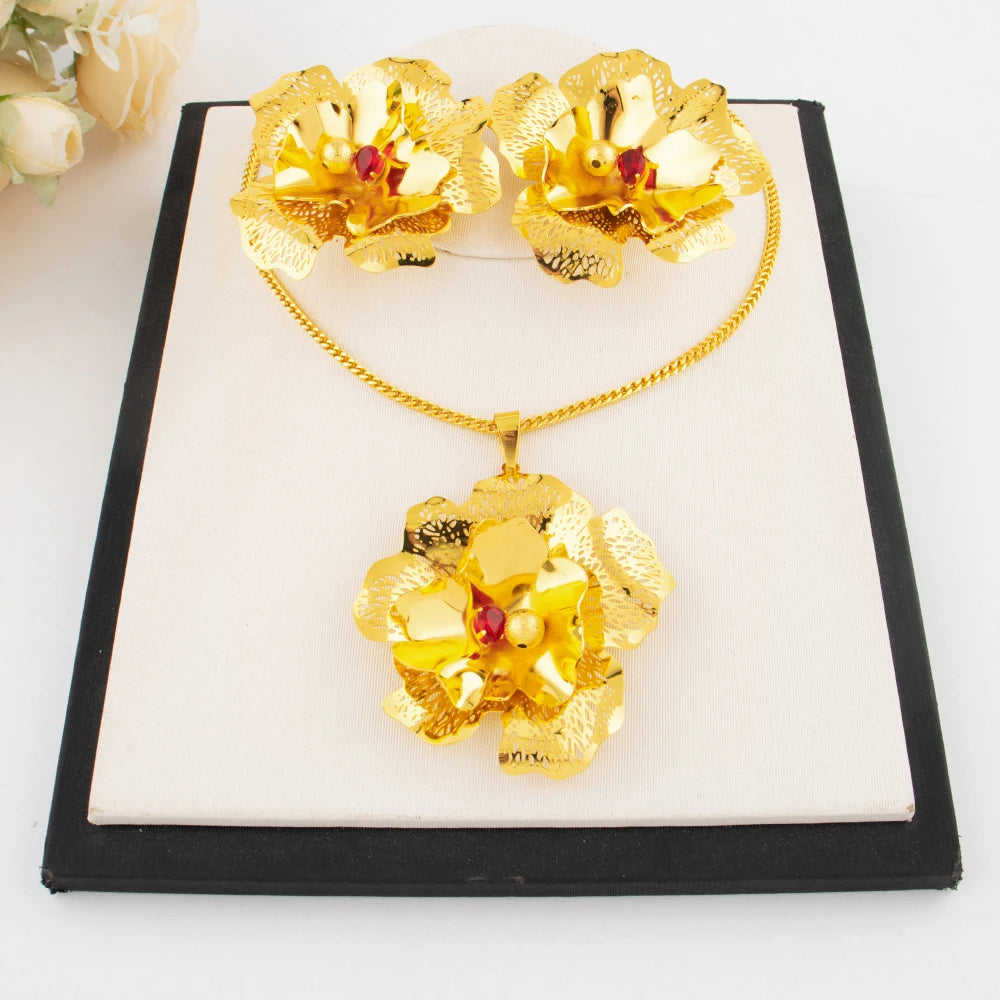 Arab Zircon Collection Women Jewelry Nigeria Luxury Flower Shape Earrings Gold Color Necklace For Party Wedding Wholesale