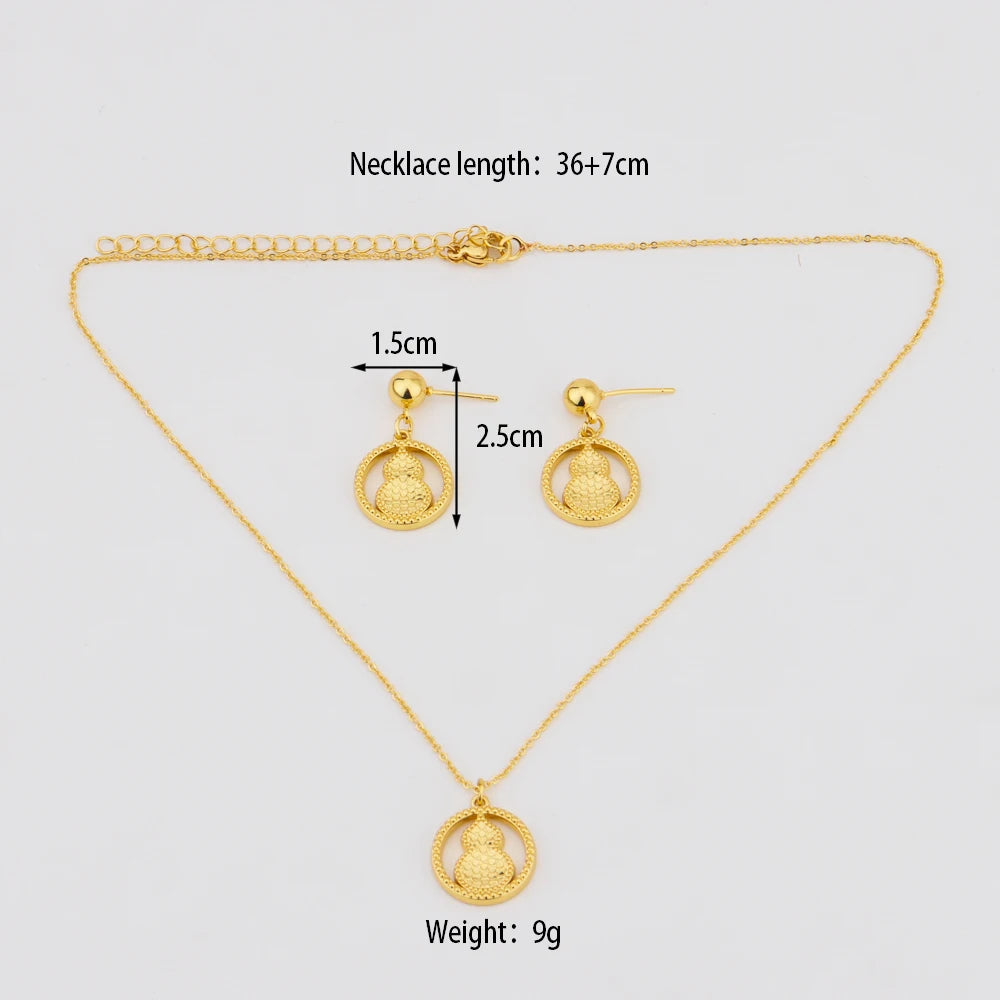 Gold Plated Women Earrings Clavicle Chain Set Gold Color Hollow Calabash Shape Pendant Light Delicacy Jewelry Party Birthday Gif