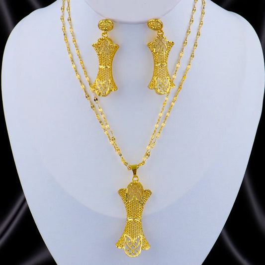 Dubai 24K Gold Plated Necklace Earrings Jewelry Set For Women African Indian Nigeria Bridal Wedding Party Gift Accessories