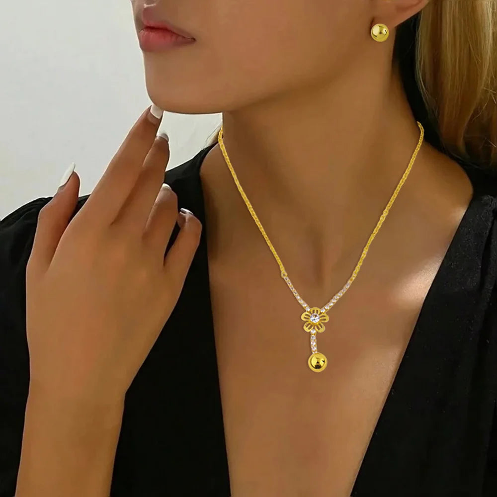 France Delicate Zircon Necklace Earrings For Women Girls Old Money Wind Gold Color Clavicle Chain Jewelry Set For Summer Wear
