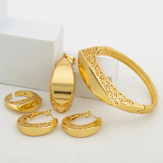 Dubai Gold Color Earrings Bangle Ring Jewelry Set for Party Elegant Weddings Hoop Earrings Cuff Bangle Finger Ring Set Nigerian