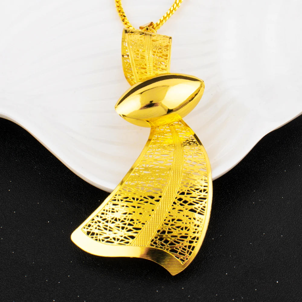 18K Gold Tone Water-Drop Ribbon Necklace & Earrings Set, Dubai Arab Luxury Waterproof Jewelry for Women, Party Wedding Jewellery
