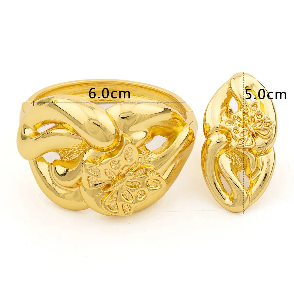 18K Gold Color Cuff Flower Bangle Ring For Women Moroccan France Dubai Luxury Copper Bracelet Jewelry Nigerian Party Wedding Gif