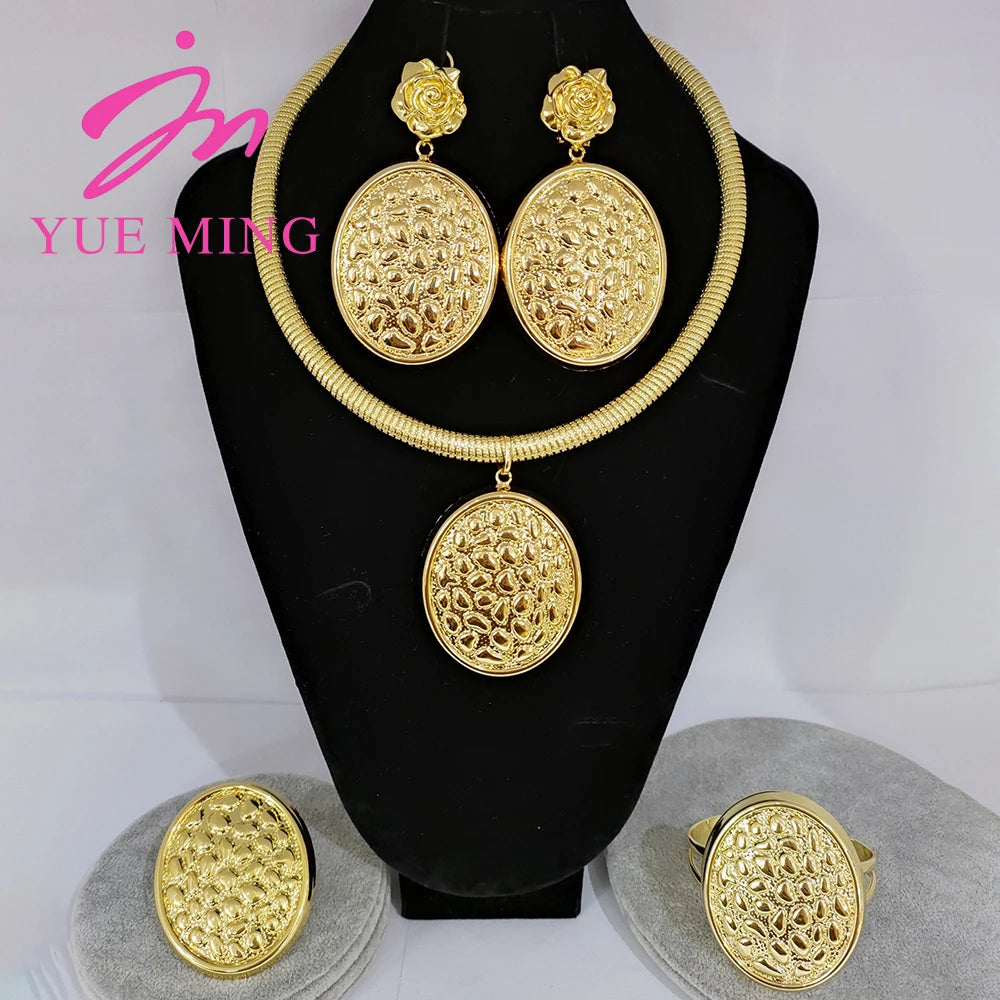 Women Dubai Gold Jewelry Set Sumptuous Wedding Necklace Pendant Premium Gold Plated Bracelet Ring Exquisite Piercing Earrings