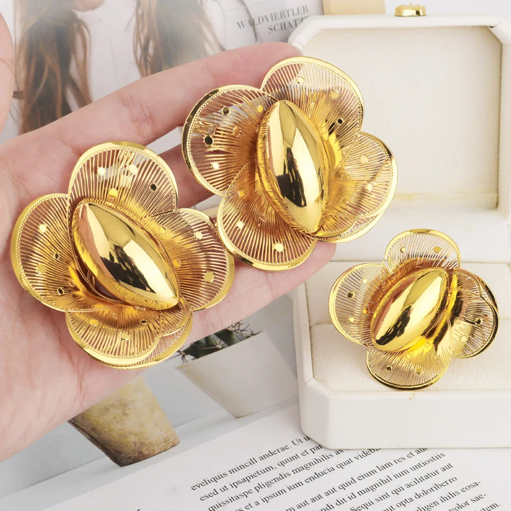 New Fashion Style Gold Plated Earrings Ring Set for Women Girls Dubai Luxury Exaggerated Design Jewelry Gift for Party Easter