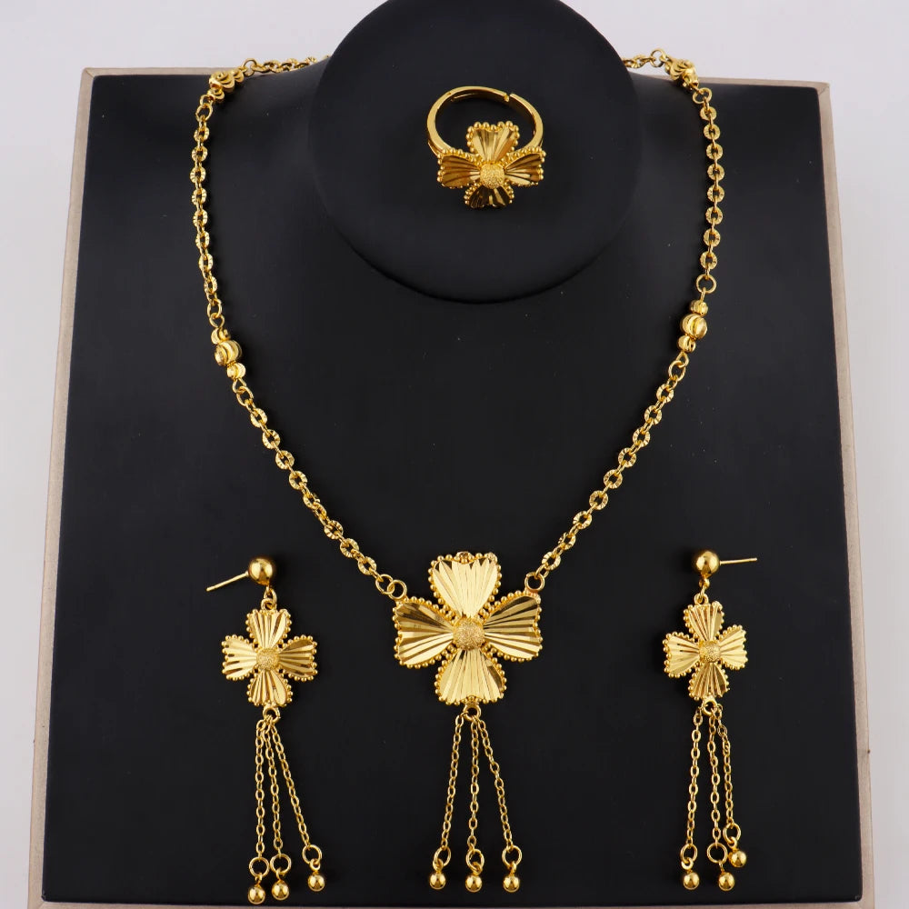 Elegant Gold-Tone Flower Jewelry Set for Women, Delicate Necklace Earrings Ring Gift for Party Wedding Daily Wear