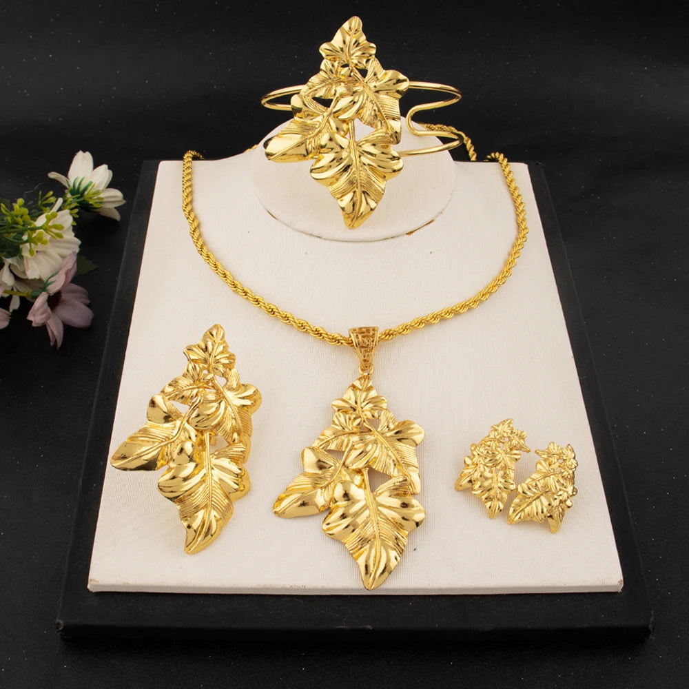 Saudi Arabia Gold Color Jewelry Set Ethiopia Women Luxury Long Chain Leaf Shape Earring Bangle Ring For Party Dating Gift