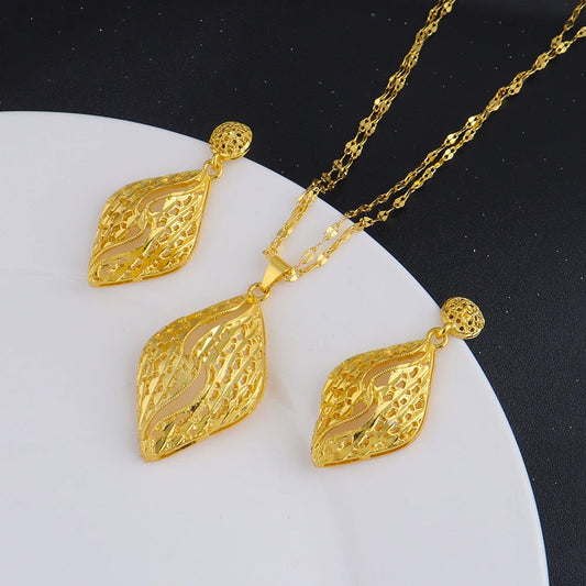 Fashion Gold Color Jewelry 24K Gold Color Warped Geometry Necklace Earrings Set Dubai India Africa Nigerian Bridal Gift