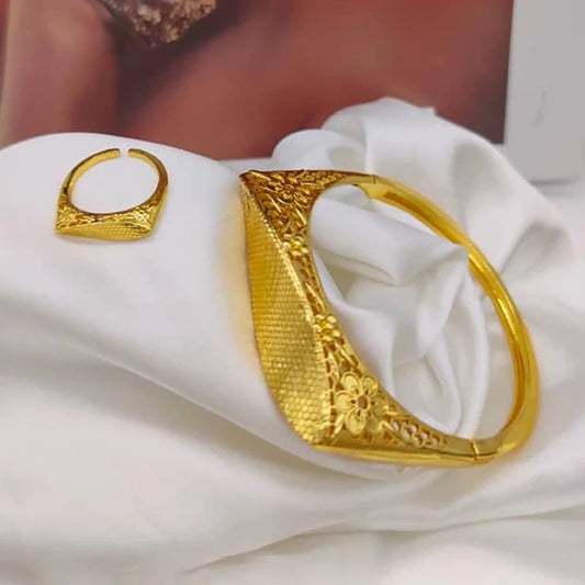 Geometry Design Bangle with Ring Set for Ladies African 18k Gold Color Hand Bracelet Cocktail Ring 2Pcs Set for Engagement Gifts