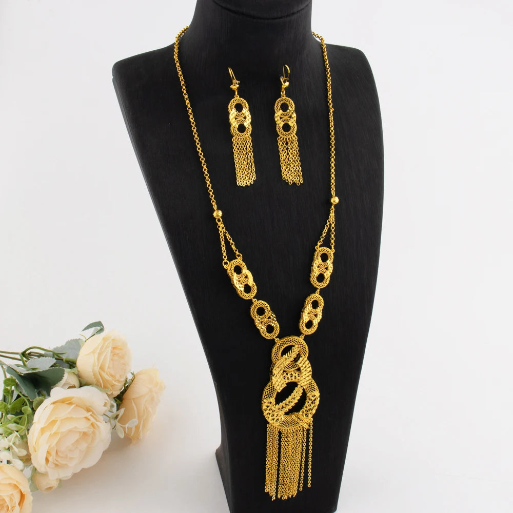 Dubai Luxury Gold Color Tassels Necklace Earrings Sets For Women Mid East India 8-Shaped  Jewelry Gifts For Party Mother