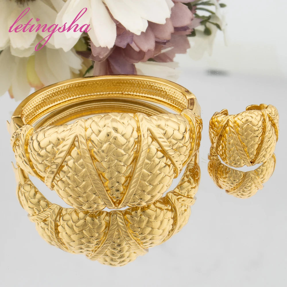 Newest Fashion Bangle Ring 2Pcs Set for Ladies Gold Color Stainless Jewellery Ethiopian Daily Wear Bracelets Rings Jewelry Set