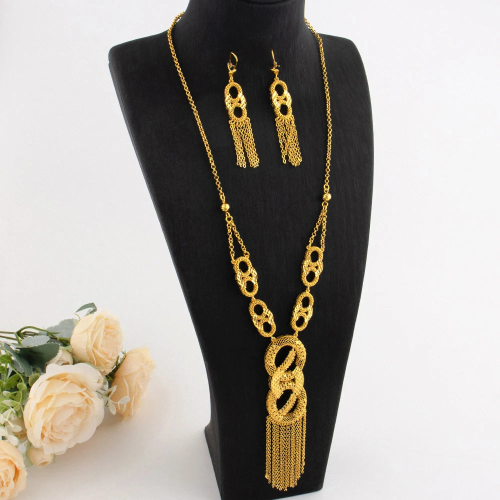 Dubai Luxury Gold Color Tassels Necklace Earrings Sets For Women Mid East India 8-Shaped  Jewelry Gifts For Party Mother