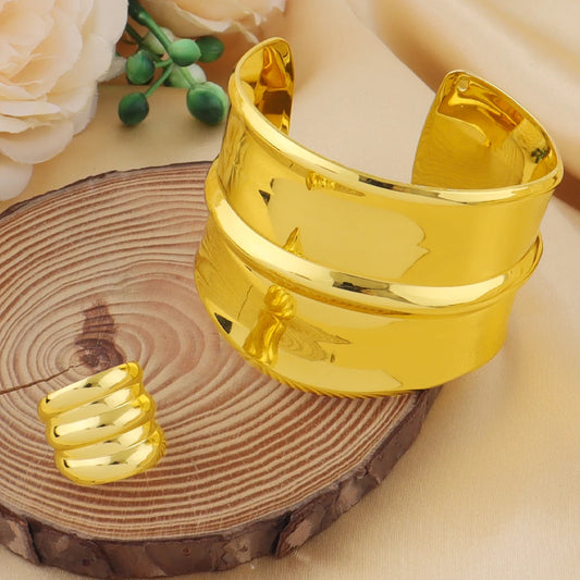 Dubai New Luxury Plated Gold Jewelry Set Stainless Steel Adjus Cuff Arm Bangle Charm Ring for Women Unique Wedding Jewelry Gift