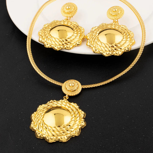Romantic Gold Color Jewelry Set for Dubai Women Luxury Earrings and Necklace Sun Shape  Jewelry Accessories For Graduation Gift