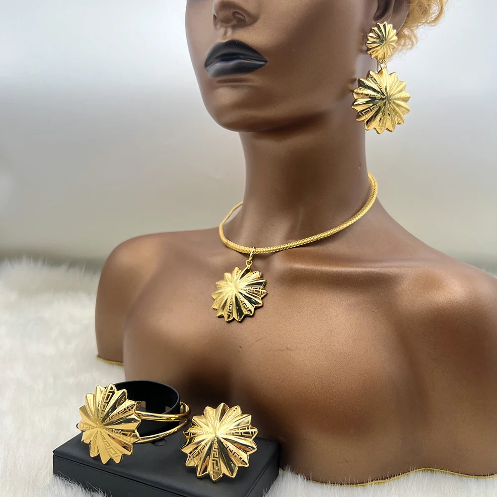 New Trendy Luxury Earrings Necklace Ring Bangle For Women Sun Shape Jewelry Sets For Wedding Party Dubai Bridal Banquet Gift