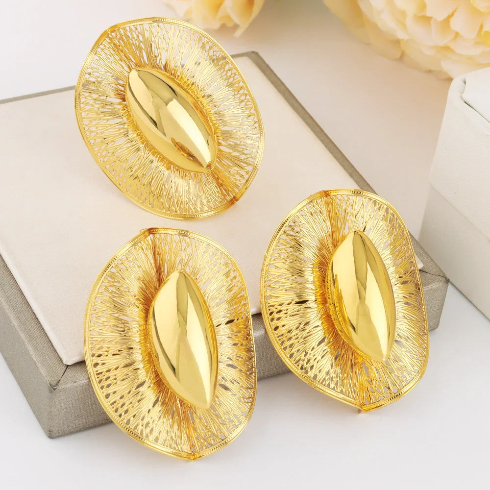 18K Gold Plated Nigeria Flower Open Ring & Earrings Set, Luxury Metal Jewelry for Women, Party Mother’s Day Gift, Fashion Jewel