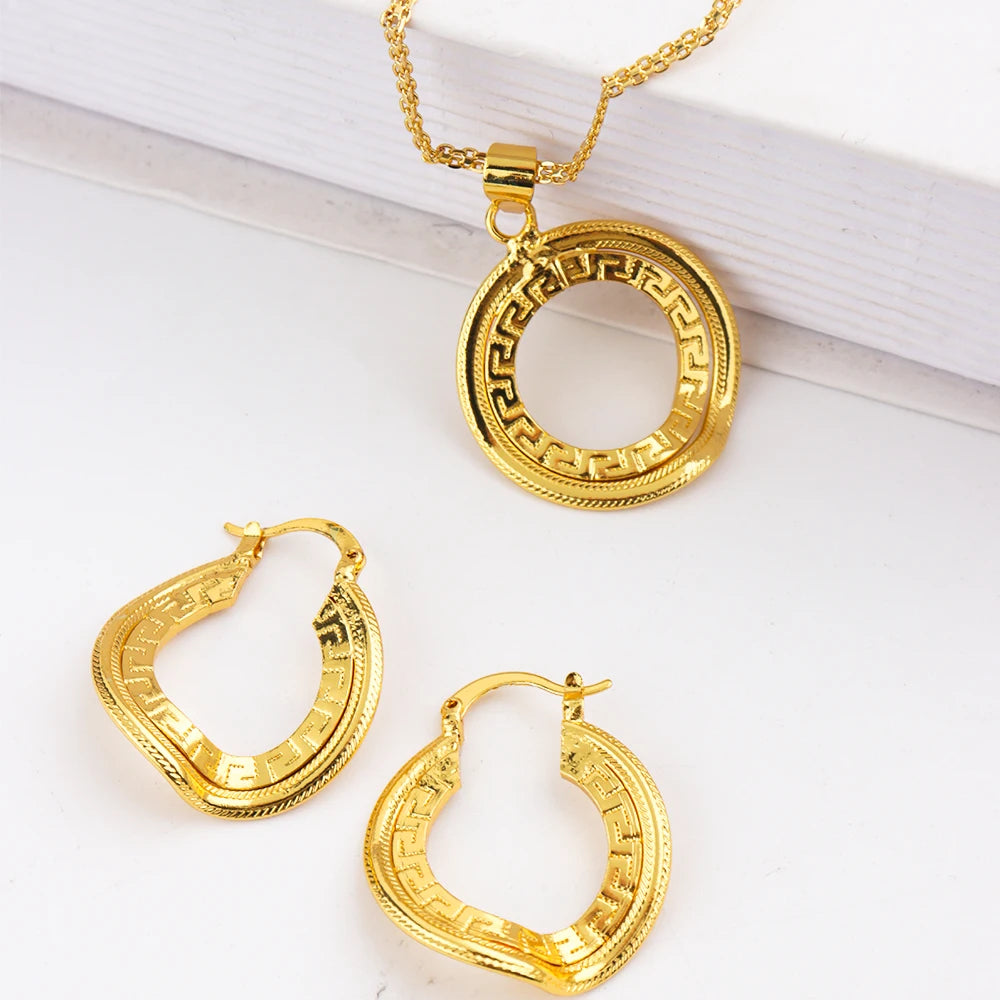 24K Gold-plated Two Piece Copper Jewelry Set Waterproof Earrings Warped Geometry Necklace Apply to America India Party Wedding